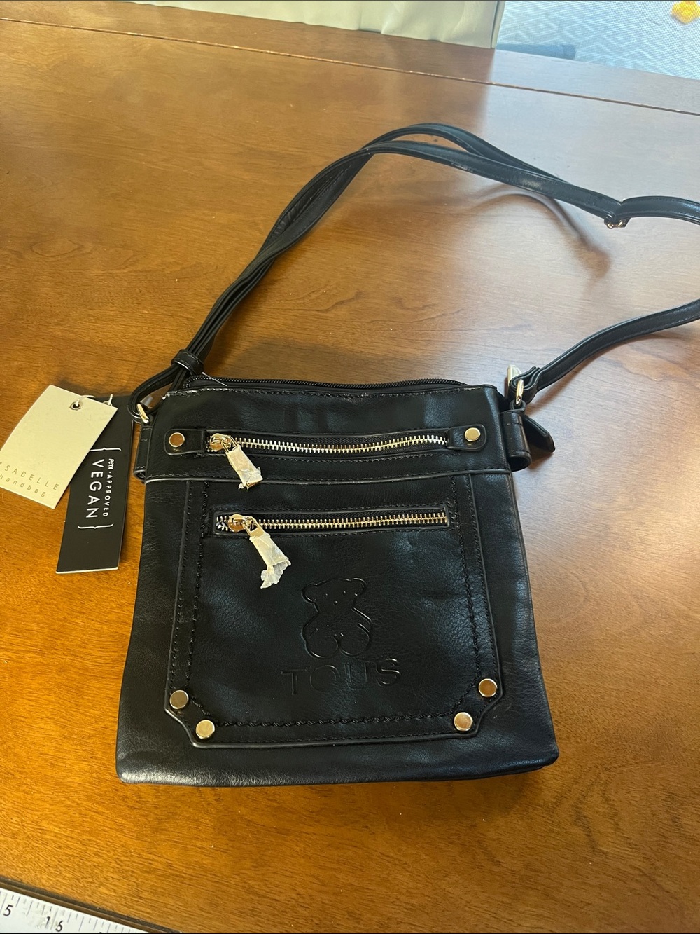 NWT Tous Black Vegan Leather Isabelle Crossbody Bag with Gold Hardware